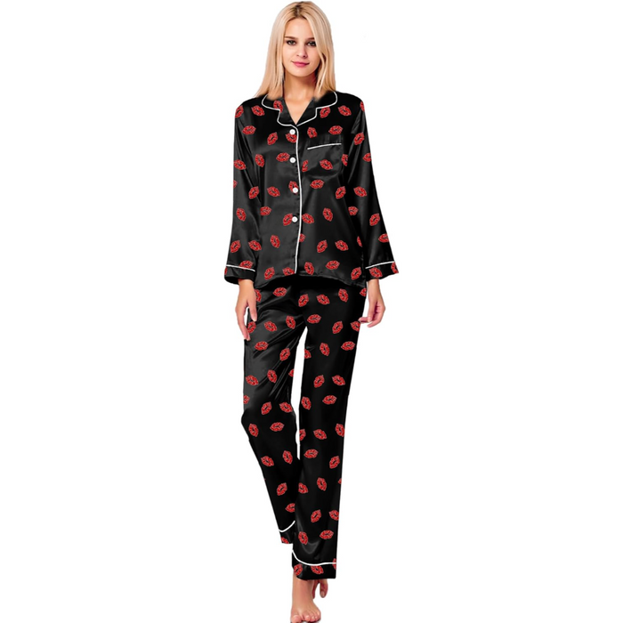 Elegant Long Sleeve Printed Satin Pajama Set