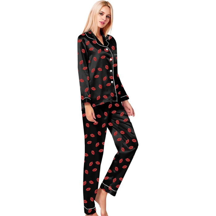 Elegant Long Sleeve Printed Satin Pajama Set