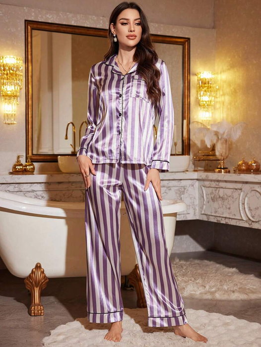 Striped Contrast Piping Satin Pajama Set