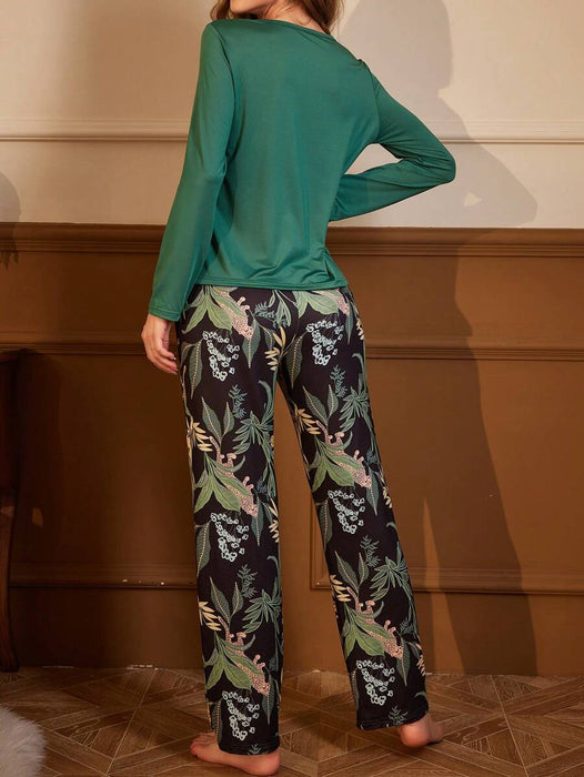 Tropical Print Pajama Set For Autumn And Winter