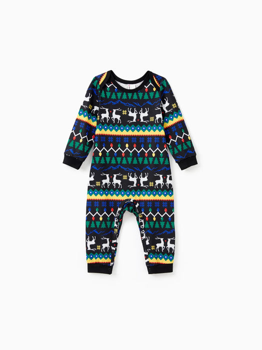 Xmas Light And Reindeer Pattern Family Matching Pajama Set