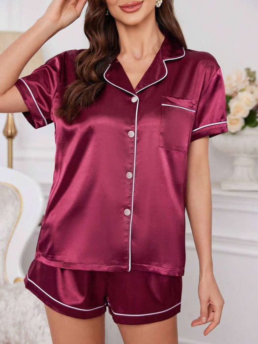 Contrast Piping Satin Pajama Set