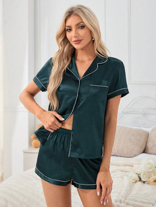 Contrast Piping Satin Pajama Set