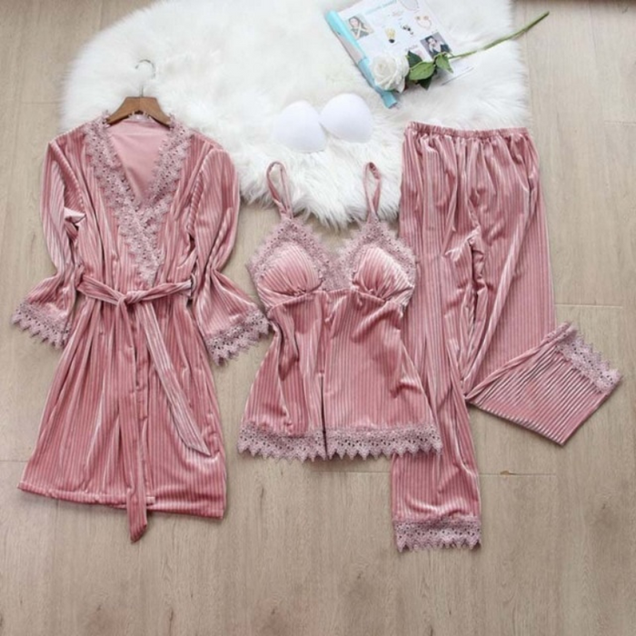 Velvet Sleepwear 3 Piece Pajamas Lace Trim Solid