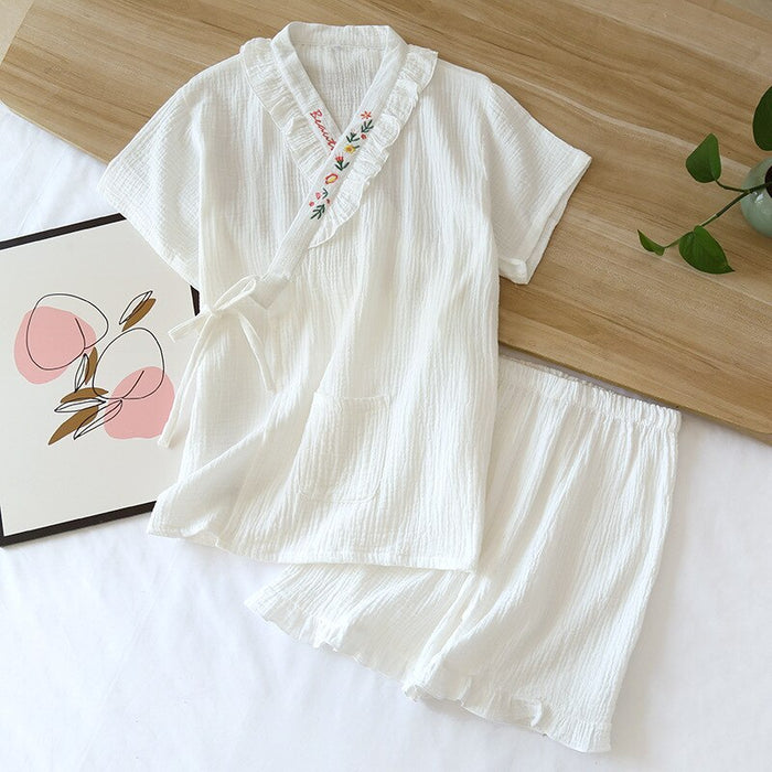 Women's Kimono Style 2 Piece White Pajama Set