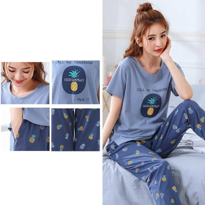 Cartoon Printed Cotton Pajamas Sets For Women