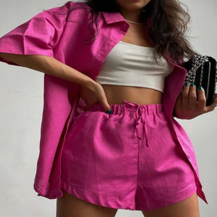 Long-Sleeve Shirt Tops & High Waist Short Set