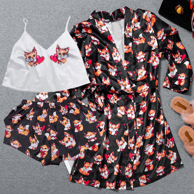 3 Piece Pajama Set Womens Kimono Bathrobe Satin