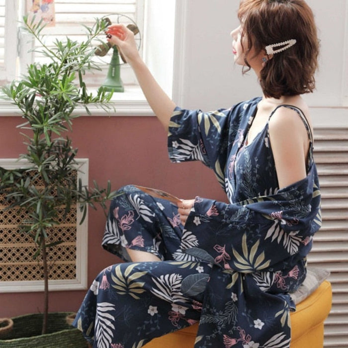 New Spring Autumn Flower Pajamas 3 Piece Set
