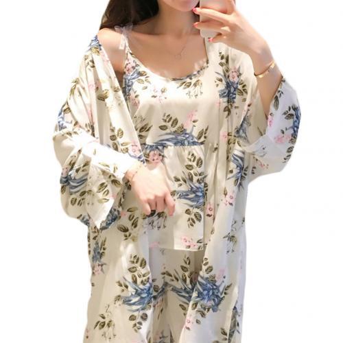 3 Piece Women Floral Cardigan Pajama Set Home Wear
