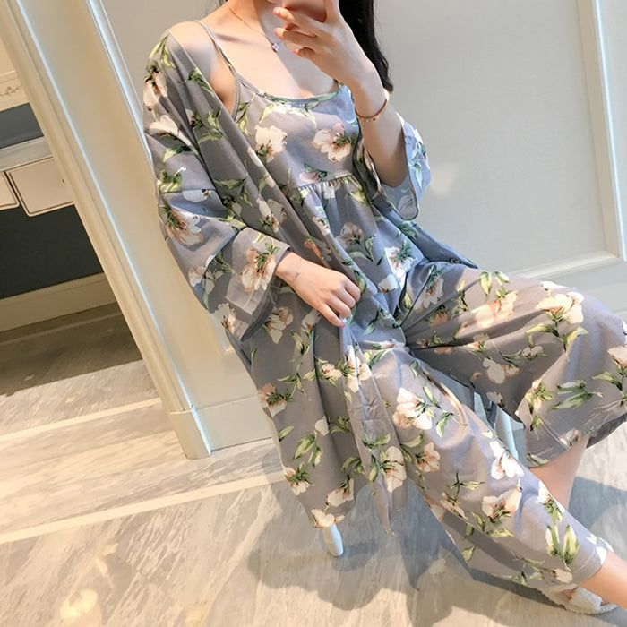 3 Piece Women Floral Cardigan Pajama Set Home Wear