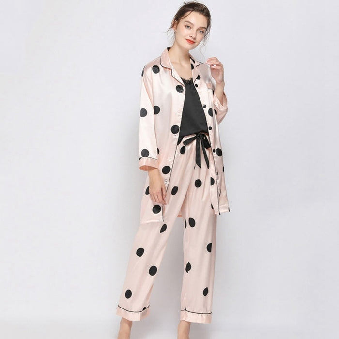 Polka Dot Female Pajamas Nightwear Pink Long Sleeve 3 Pieces