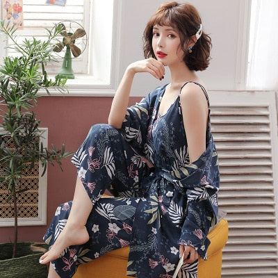 3 Pieces Floral Multicolored Women Pajamas Sets Comfy Cotton