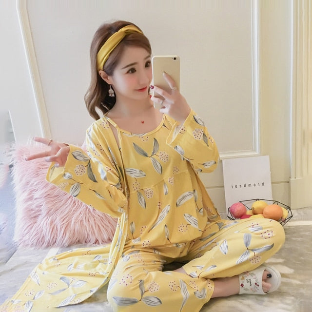 3 Piece Pajamas Floral Printing Pajamas For Ladies
