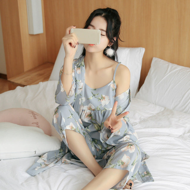 3 Piece Pajamas Floral Printing Pajamas For Ladies