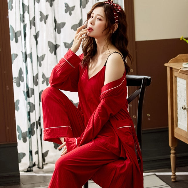Women Robe Pocketed Pajama 3 Piece Pj Set Homesuit Casual