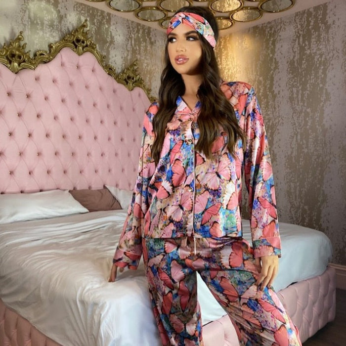 2 Piece Butterfly Print Satin Silk Pajamas Set With Headwear