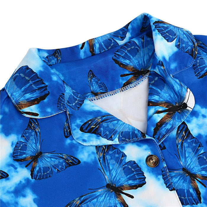 2 Piece Pyjama Set Butterfly Print Satin Silk Nightwear