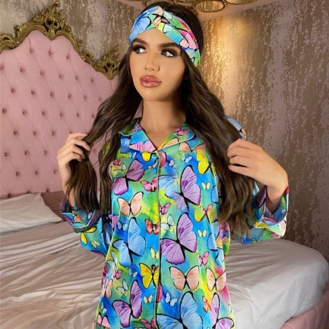 2 Piece Set Pajamas Women Satin Silk