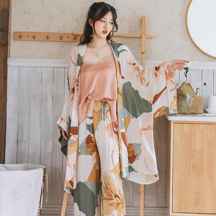 Japanese Kimono Dress 3 Piece Pajamas Coat Top Pants