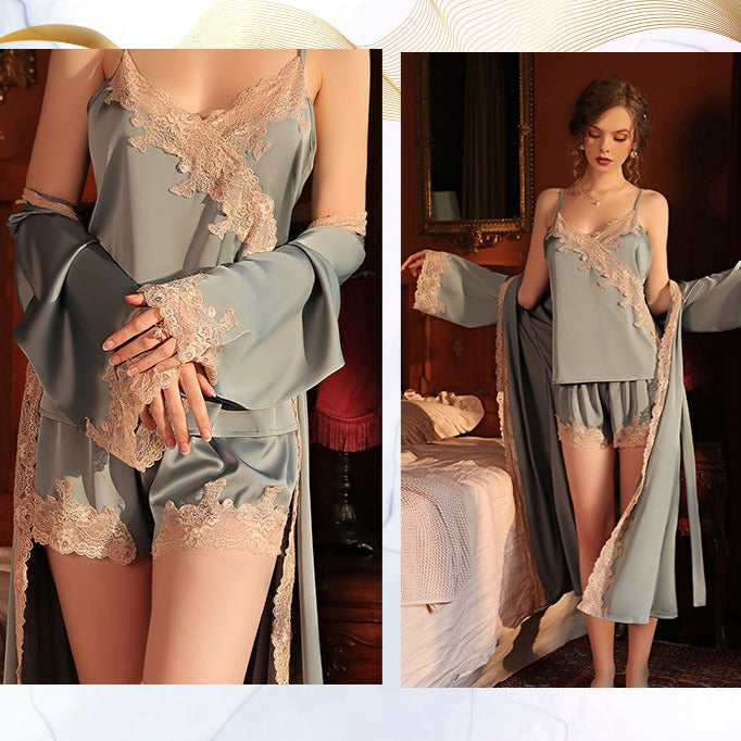 Soft Autumn Summer Silk Robe 3 Pieces Women Leisure Nightwear