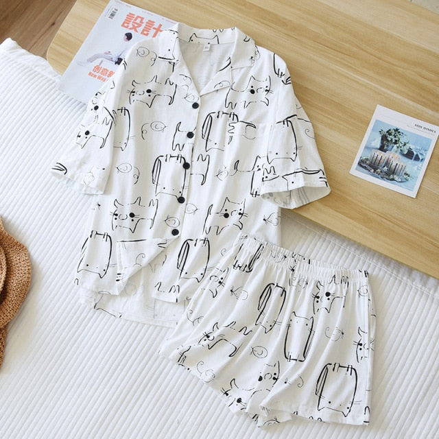 The White Cat Print Pajama Set Original Pajamas