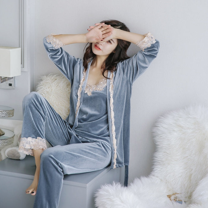 Velvet Winter Lace Pajamas Women 3 Pieces Lounge Wear Set