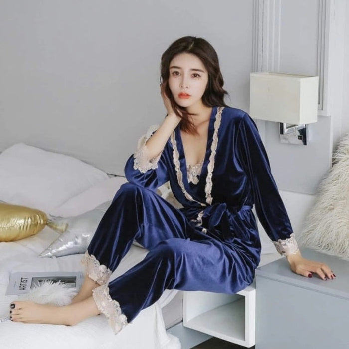 Velvet Winter Lace Pajamas Women 3 Pieces Lounge Wear Set