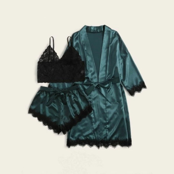 New Green 3 Piece Set For Women Satin Sleepwear Night Suit
