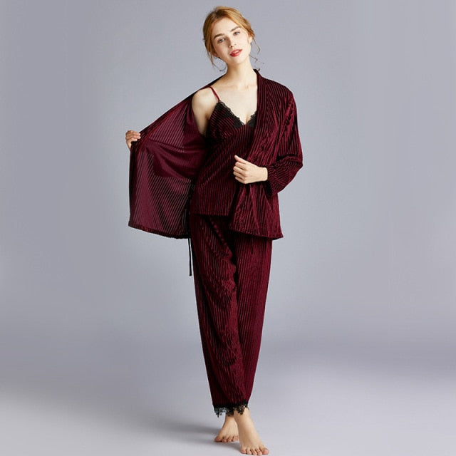 Velvet Velour 3 Piece Pajama Set Robe Sets Casual Home