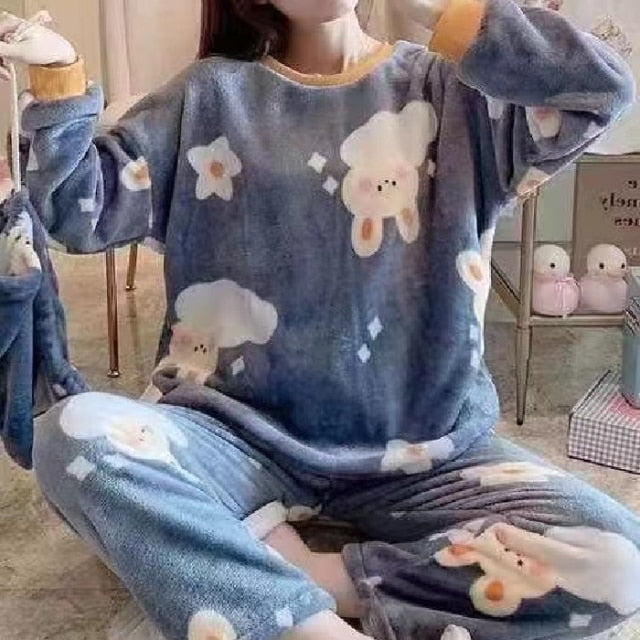 Warm Flannel 2 Piece Pajama Set Elastic Waist
