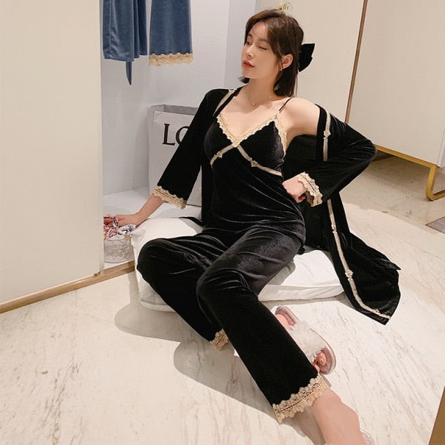 3 Piece Pajamas Velvet Set Ladies Fashion Homewear
