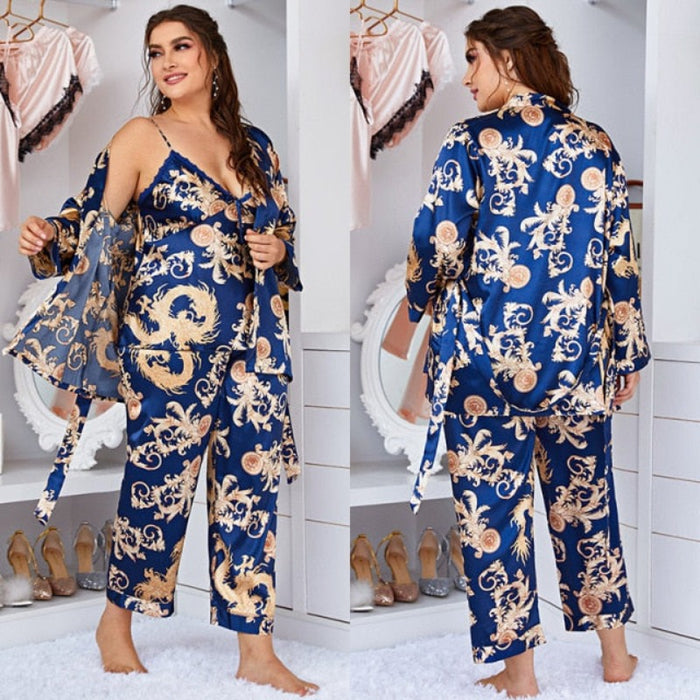 The Solid Printed Silk 3 Piece Pajama Set