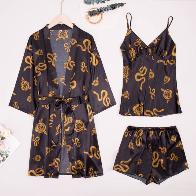 Womens Silk Satin 3 Piece Pj Set Print Kimono Pajama