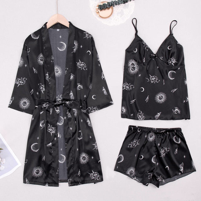 Womens Silk Satin 3 Piece Pj Set Print Kimono Pajama