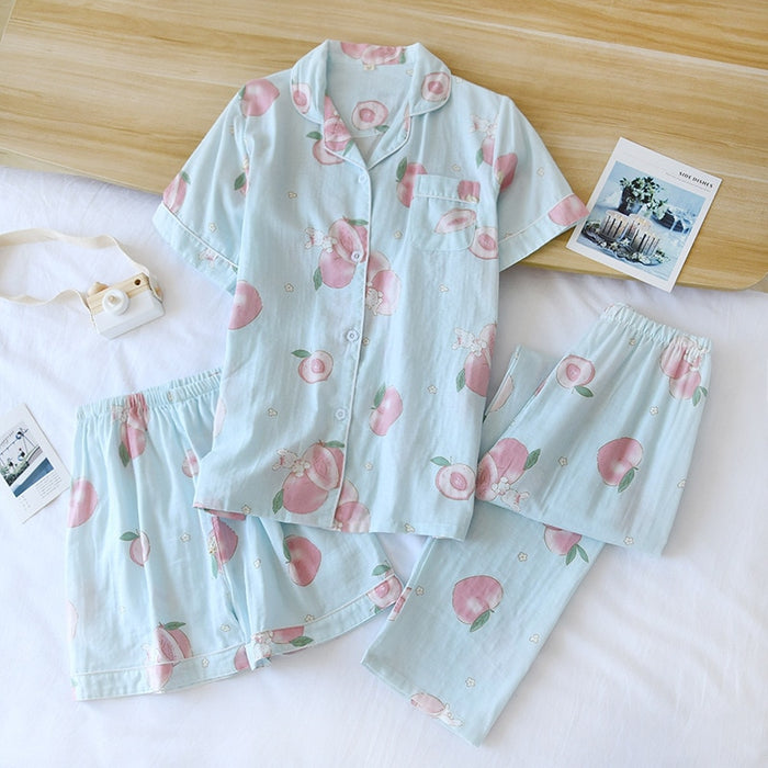 The Cartoon Fruit Print 3 Piece Vibrant Women Pajama Set