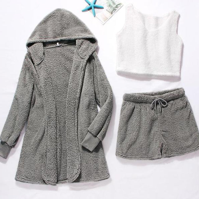 Solid Autumn Winter Sleepwear 3 Piece Pajama Set