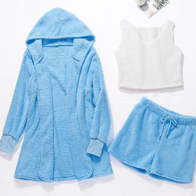 Solid Autumn Winter Sleepwear 3 Piece Pajama Set