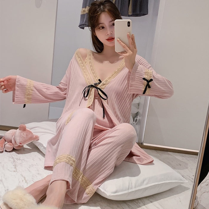 3 Piece Cotton Pajamas Suit Women Sleepwear