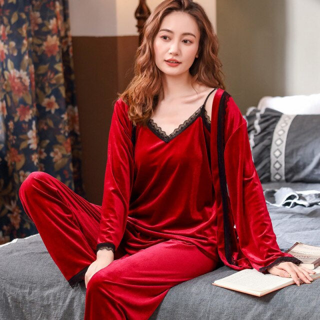 Velour 3 Pieces Pajamas Suit Autumn Winter Sleepwear