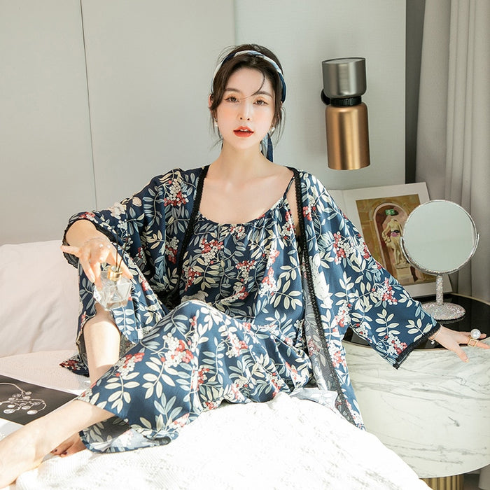 3 Piece Cotton Printed Sleepwear Lace Spring Collection With Robe