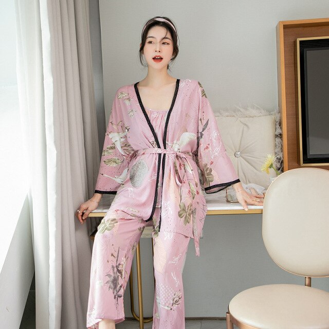3 Piece Cotton Printed Sleepwear Lace Spring Collection With Robe