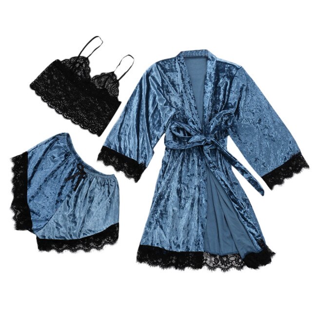 Winter Velvet 3 Piece Pj Set Lace Sling Warm Robe