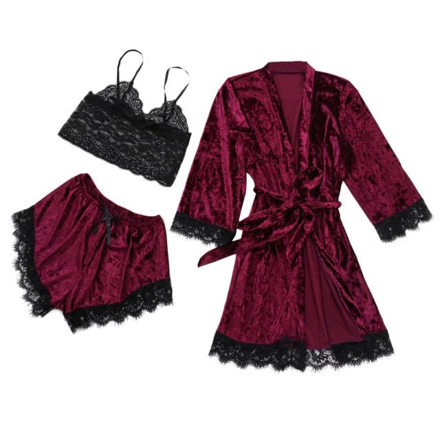 Winter Velvet 3 Piece Pj Set Lace Sling Warm Robe