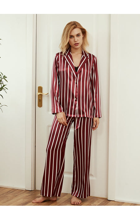 3 Piece Pj Set Womens Stripe Long Sleeve Sleepwear