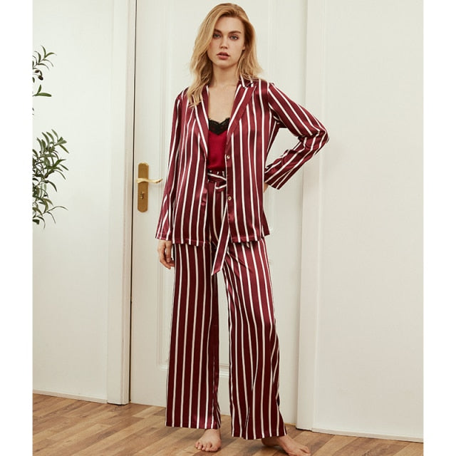 3 Piece Pj Set Womens Stripe Long Sleeve Sleepwear