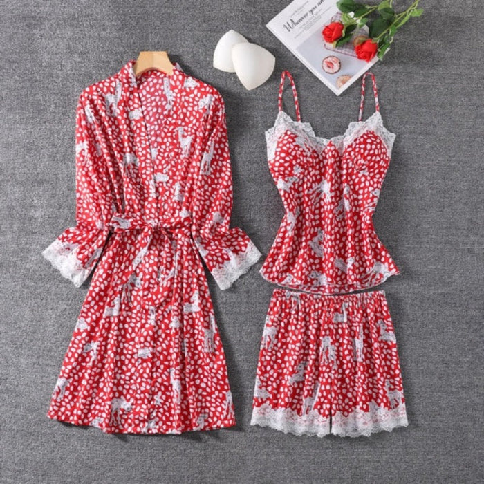 The V-Neck Dot Printed 3 Piece Pajama Set