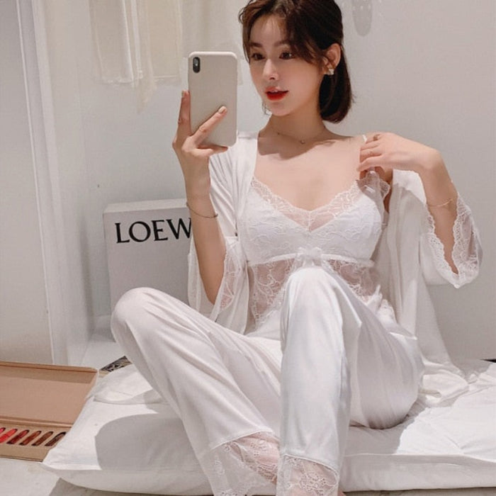 Lace V-Neck 3 Piece Pajamas Sleep Sets Women Outfits