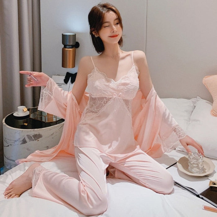 Lace V-Neck 3 Piece Pajamas Sleep Sets Women Outfits