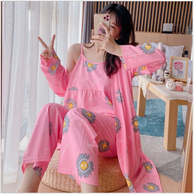3 Piece Pajamas Floral Printed Autumn Robe Sleep Wear